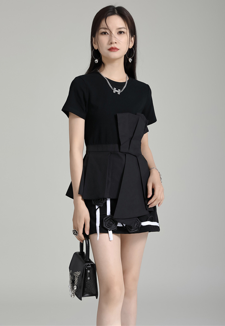 2024 Summer New Irregular Spliced Short Sleeved T-shirt CA24030101BK