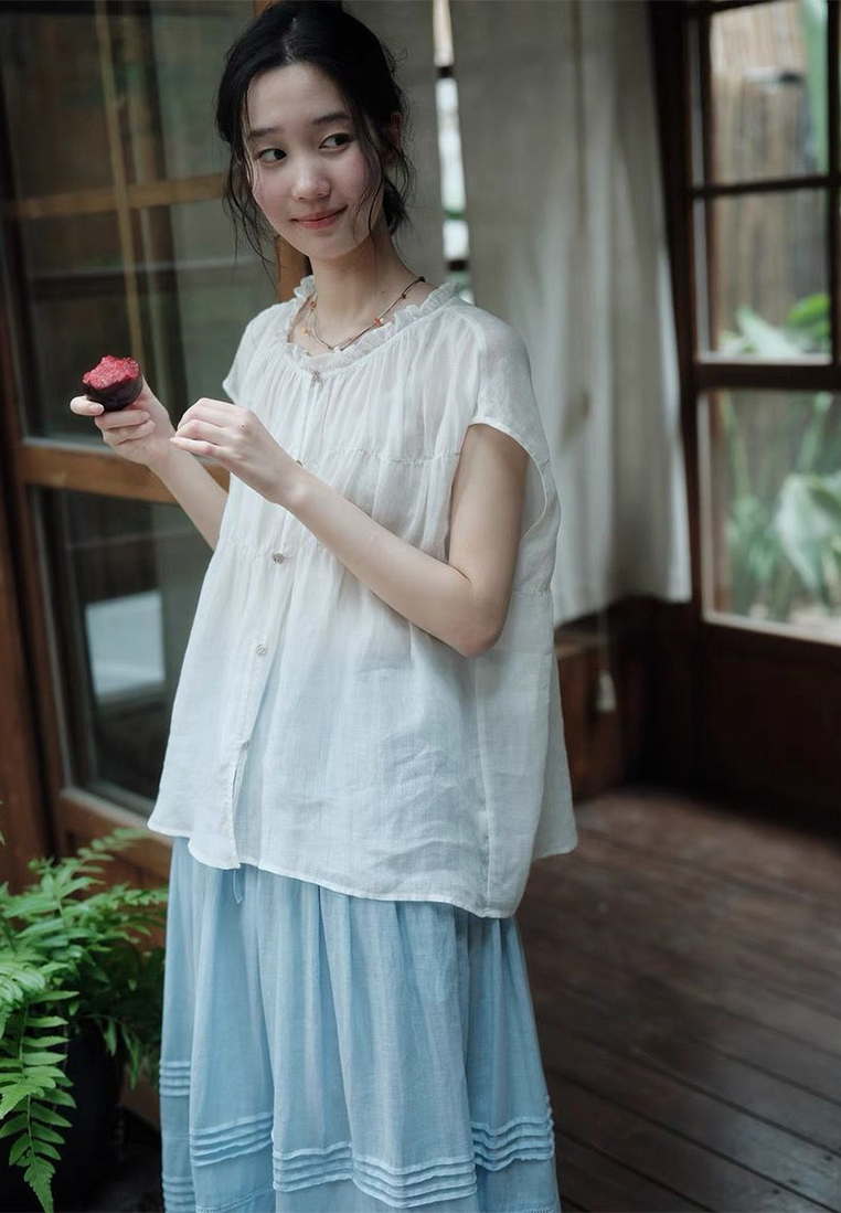 New summer ramie shoulder round neck shirt CA25070901W