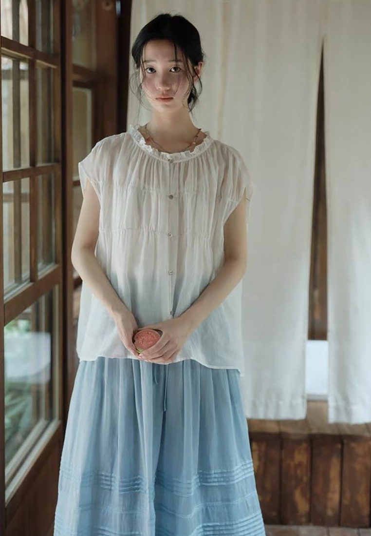 New summer ramie shoulder round neck shirt CA25070901W