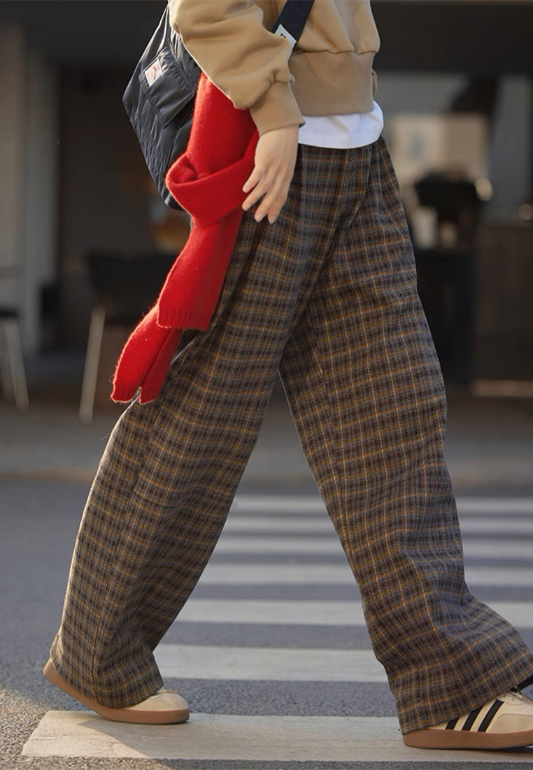 Winter Retro Plaid Wide-Leg Casual Loose Warm Trousers CA25102401MT