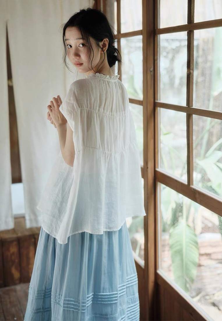 New summer ramie shoulder round neck shirt CA25070901W