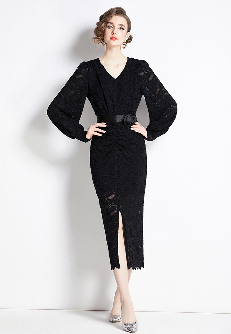 2024 new lace slim fit hip hugging dress CA24073110BK