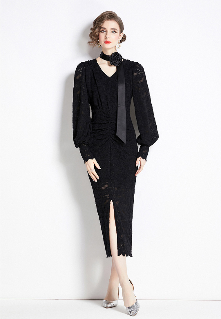 2024 new lace slim fit hip hugging dress CA24073110BK