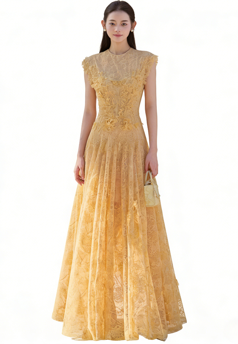 French Floral Lace Maxi Dress Elegant 3D Flower A-Line Evening Dress K26040911