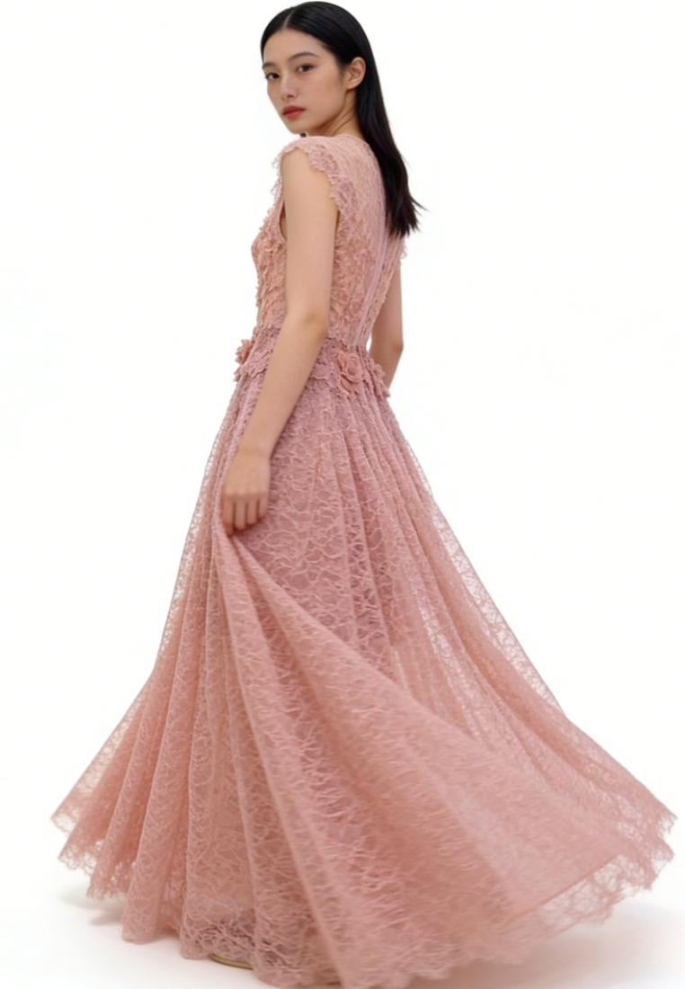 French Floral Lace Maxi Dress Elegant 3D Flower A-Line Evening Dress K26040911