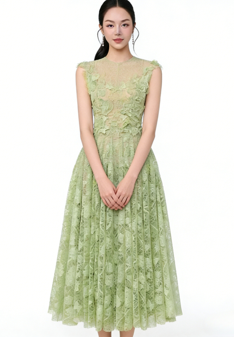 French Floral Lace Maxi Dress Elegant 3D Flower A-Line Evening Dress K26040911