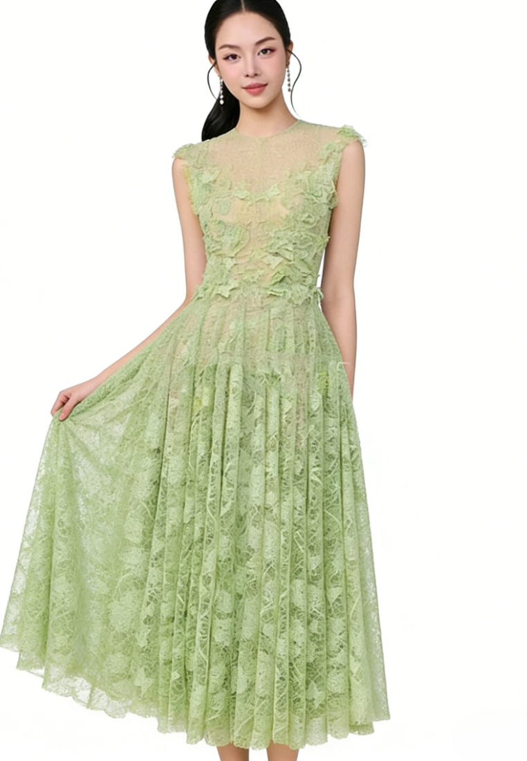 French Floral Lace Maxi Dress Elegant 3D Flower A-Line Evening Dress K26040911