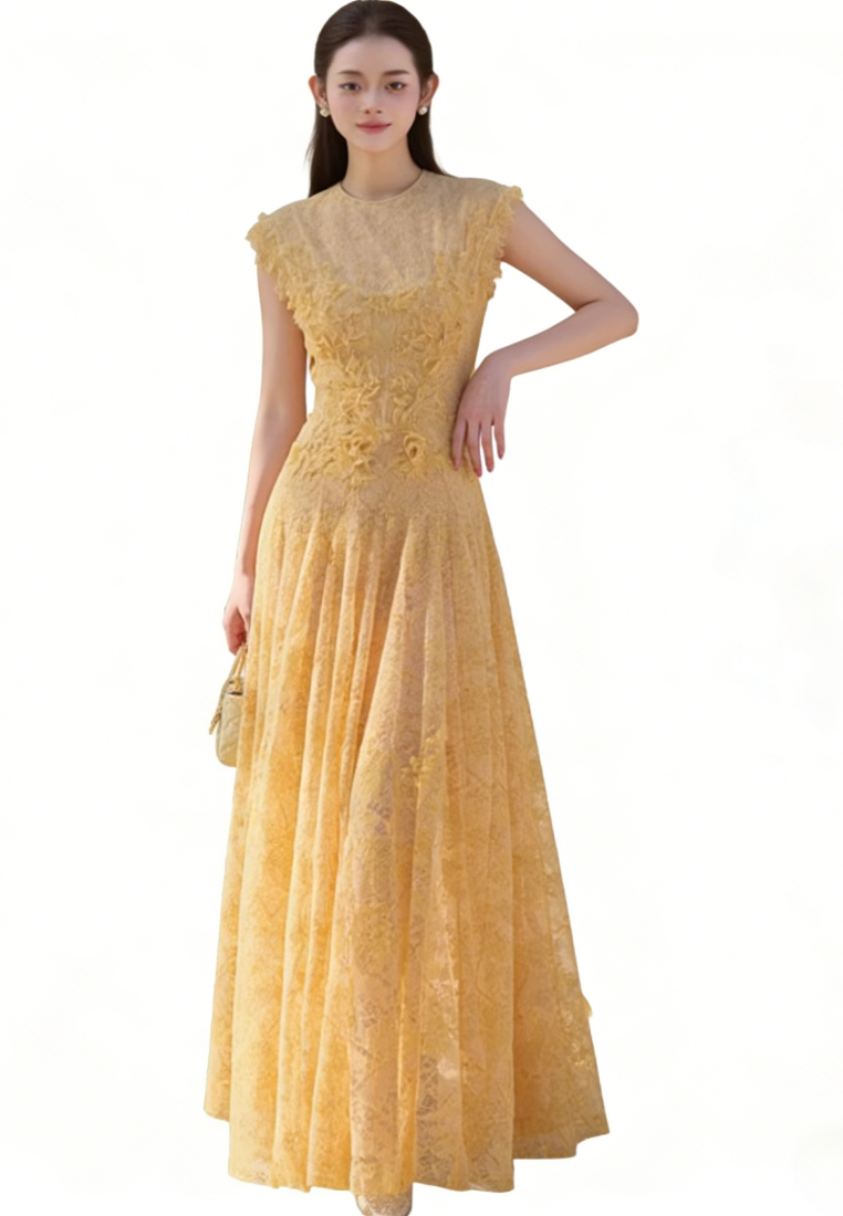 French Floral Lace Maxi Dress Elegant 3D Flower A-Line Evening Dress K26040911