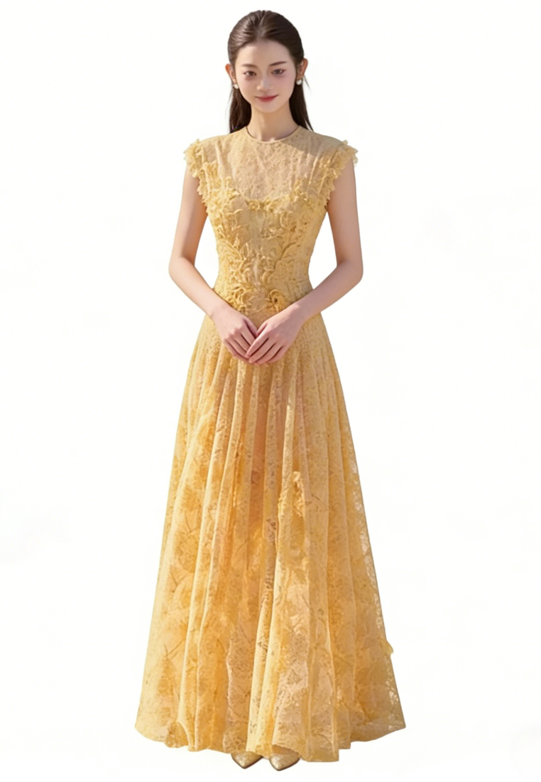 French Floral Lace Maxi Dress Elegant 3D Flower A-Line Evening Dress K26040911