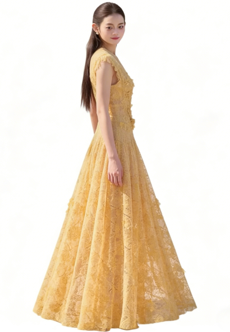 French Floral Lace Maxi Dress Elegant 3D Flower A-Line Evening Dress K26040911