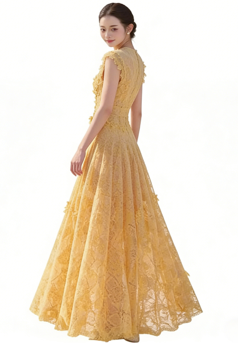 French Floral Lace Maxi Dress Elegant 3D Flower A-Line Evening Dress K26040911