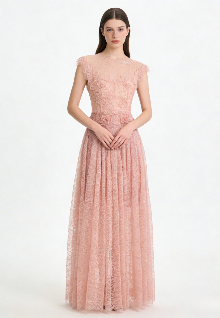 French Floral Lace Maxi Dress Elegant 3D Flower A-Line Evening Dress K26040911