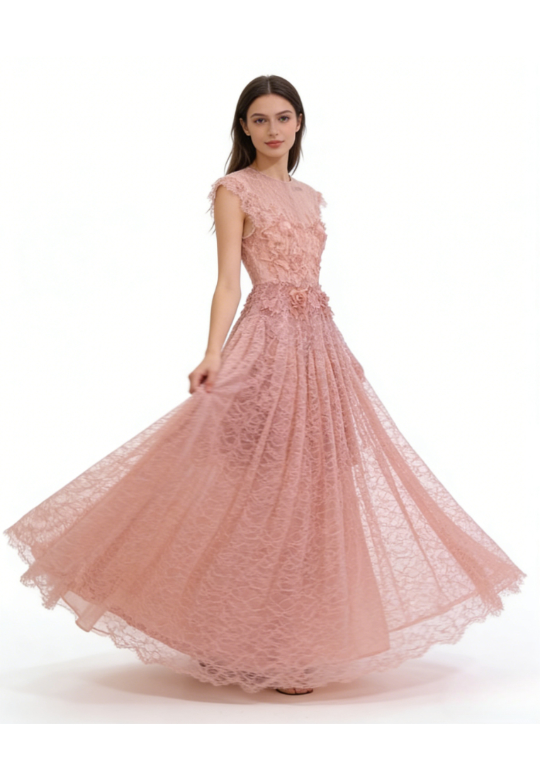 French Floral Lace Maxi Dress Elegant 3D Flower A-Line Evening Dress K26040911