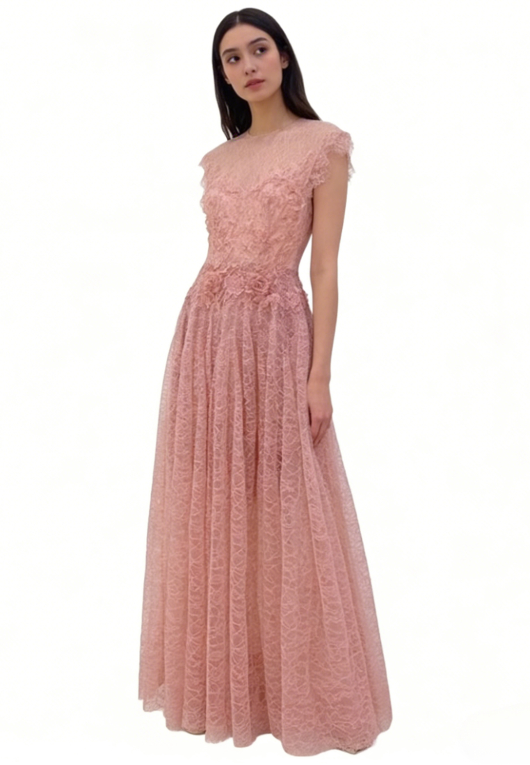 French Floral Lace Maxi Dress Elegant 3D Flower A-Line Evening Dress K26040911