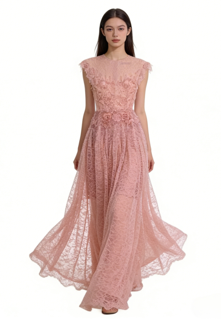 French Floral Lace Maxi Dress Elegant 3D Flower A-Line Evening Dress K26040911