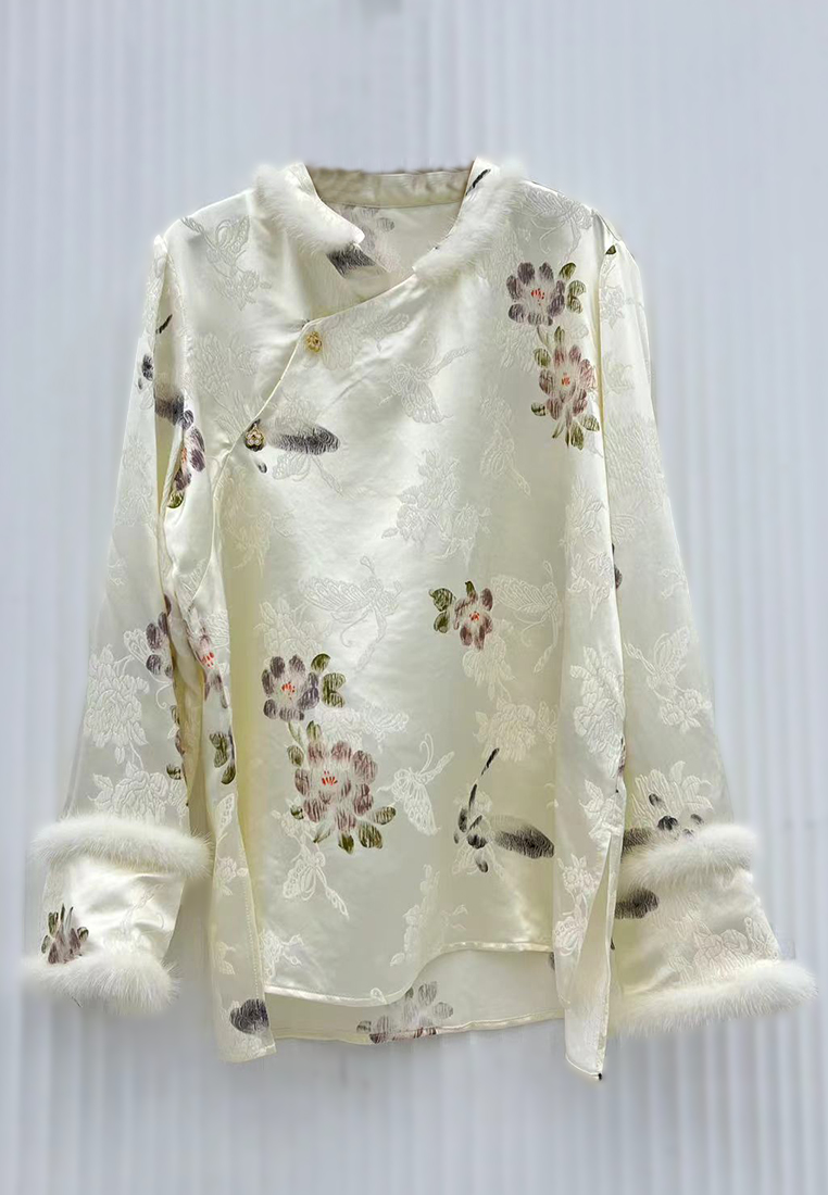 Retro luxury silk jacquard stitching mink shirt top CA010610