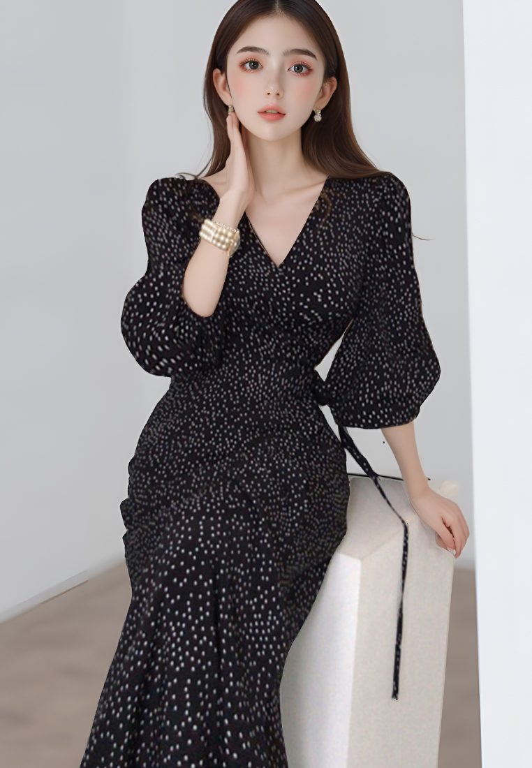 Elegant Strap Bubble Sleeve Long Dress CA25032710BK
