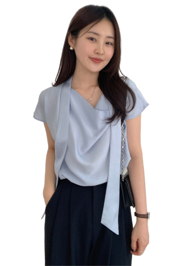 New Elegant Ribbon Loose Satin Top CA25042910BL