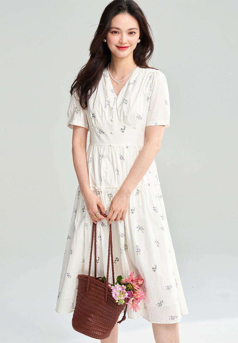 French white pure cotton printed V-neck short-sleeved floral dress CA25052910W