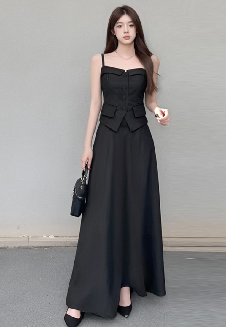 New waisted camisole top + high waisted mid-length skirt two-piece set CA25060310BK