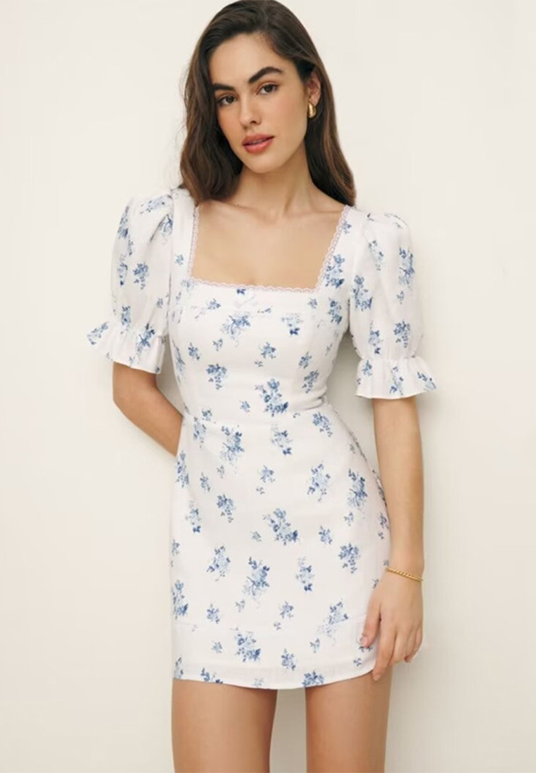 French Retro Resort Square Neck Linen Short Sleeve Dress CA25061710W