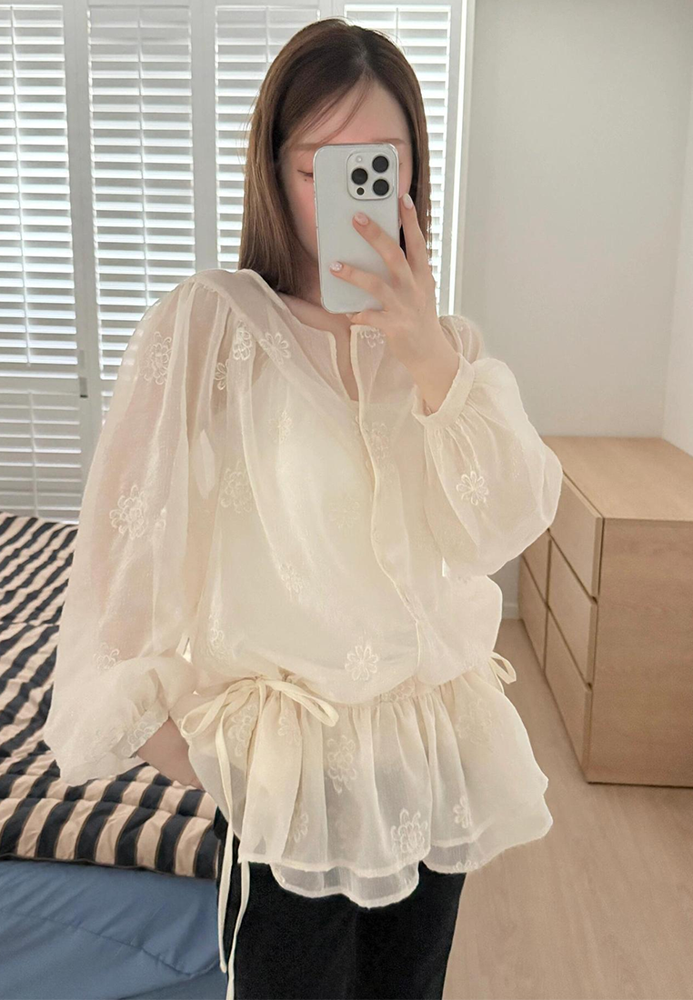 Early Fall Korean Chic Embroidered Lantern Sleeve Tie Shirt CA25090210BE