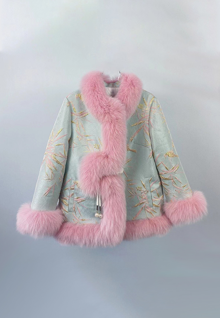 Palace style fox fur down jacket plate button embroidered fur jacket CA122710PI