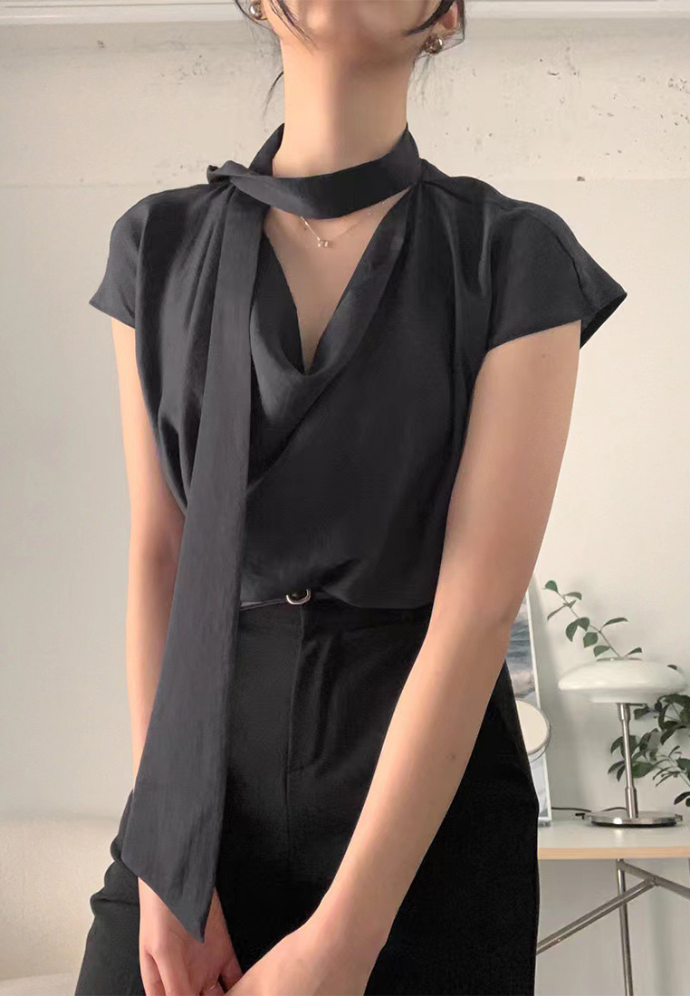 New Elegant Ribbon Loose Satin Top CA25042910BL