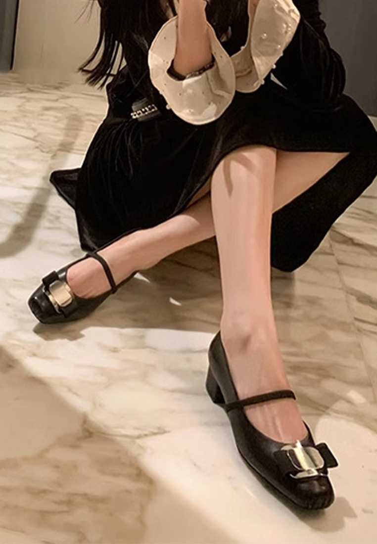 New genuine leather square toe bow thick heel Mary Jane shoes CA225042210BK