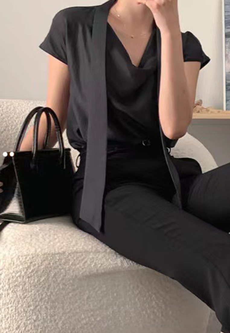 New Elegant Ribbon Loose Satin Top CA25042910BL