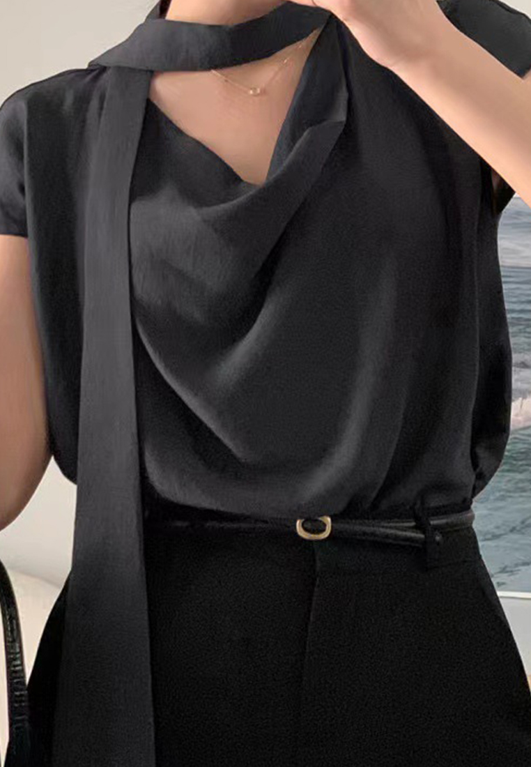New Elegant Ribbon Loose Satin Top CA25042910BL
