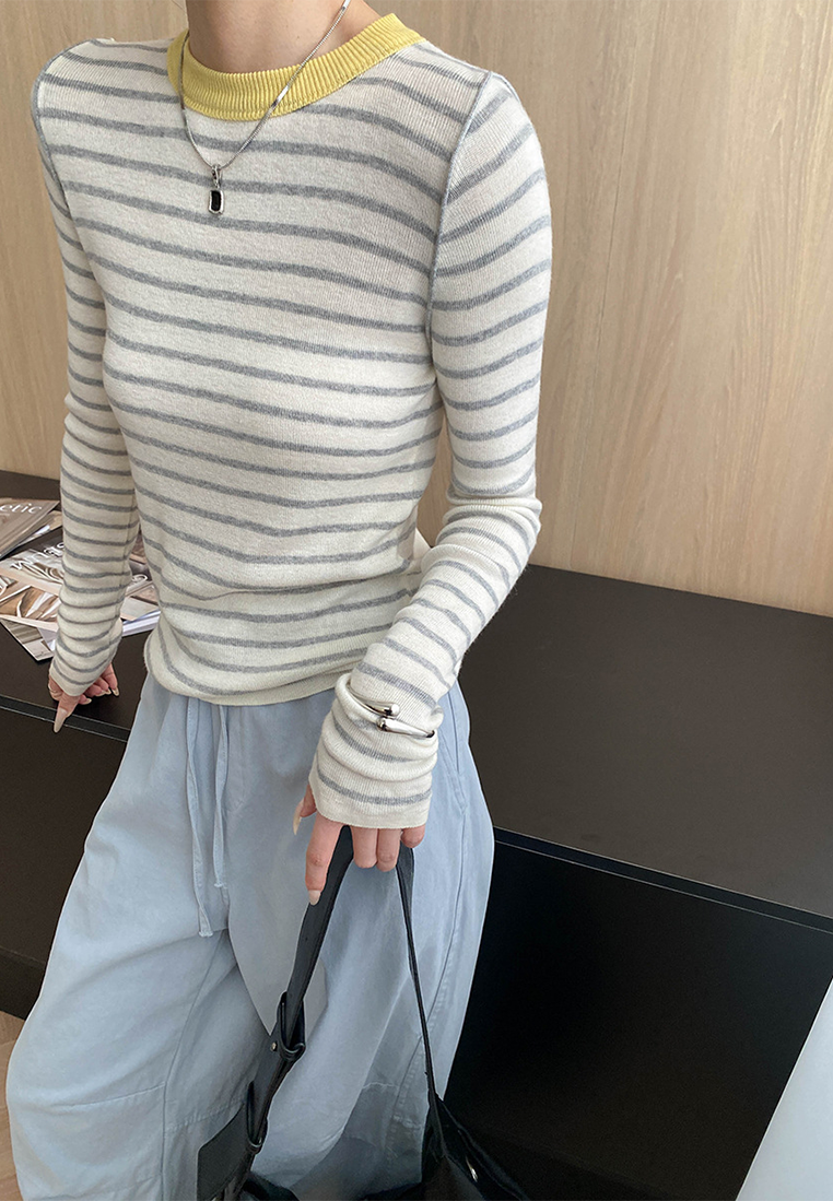 Autumn contrast color straight shoulder slim bottoming sweater CA25092510-1