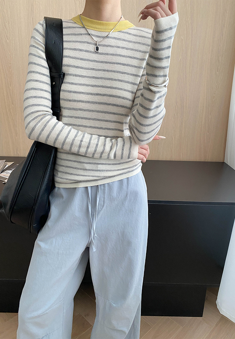 Autumn contrast color straight shoulder slim bottoming sweater CA25092510-1