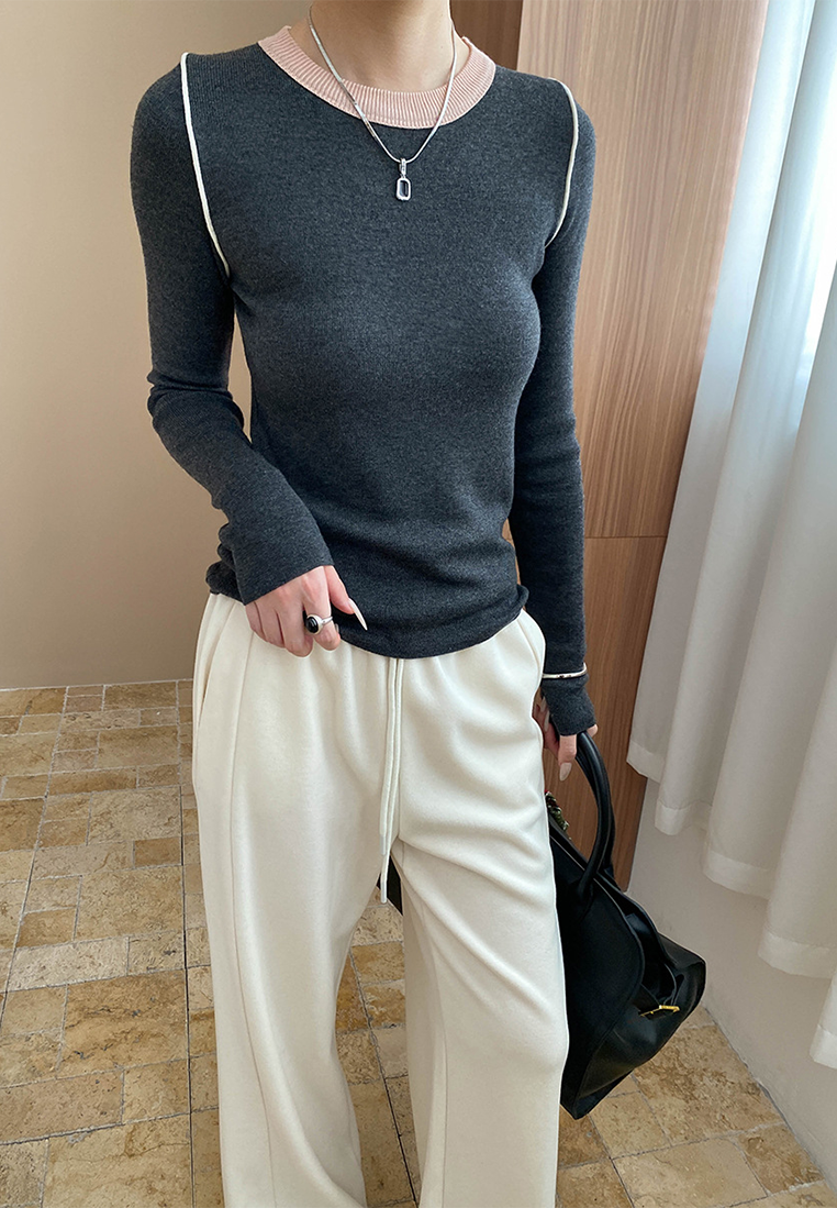 Autumn contrast color straight shoulder slim bottoming sweater CA25092510-1