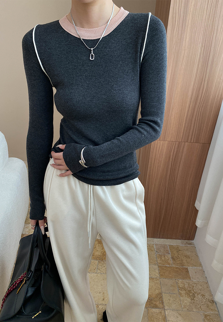 Autumn contrast color straight shoulder slim bottoming sweater CA25092510-1