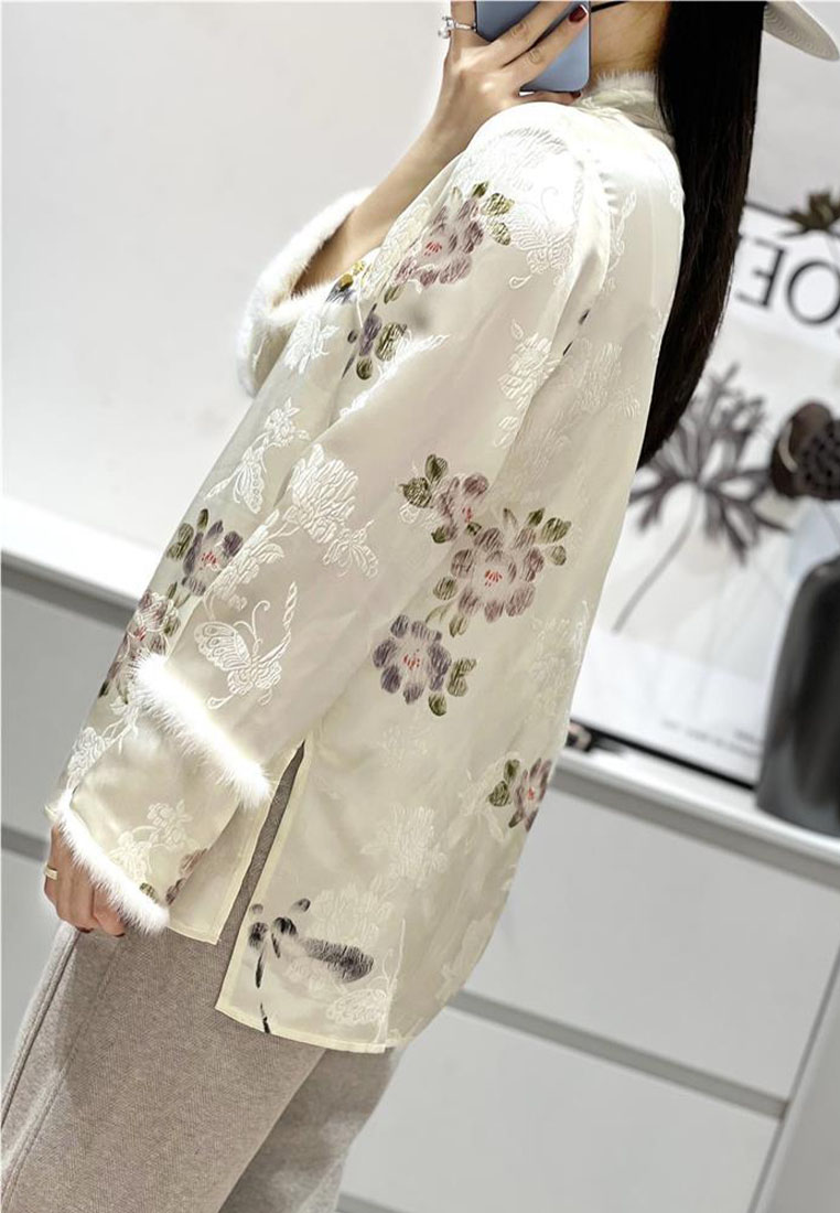 Retro luxury silk jacquard stitching mink shirt top CA010610