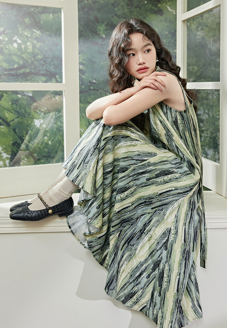 Striped suspenders green V-neck dress CA24030710