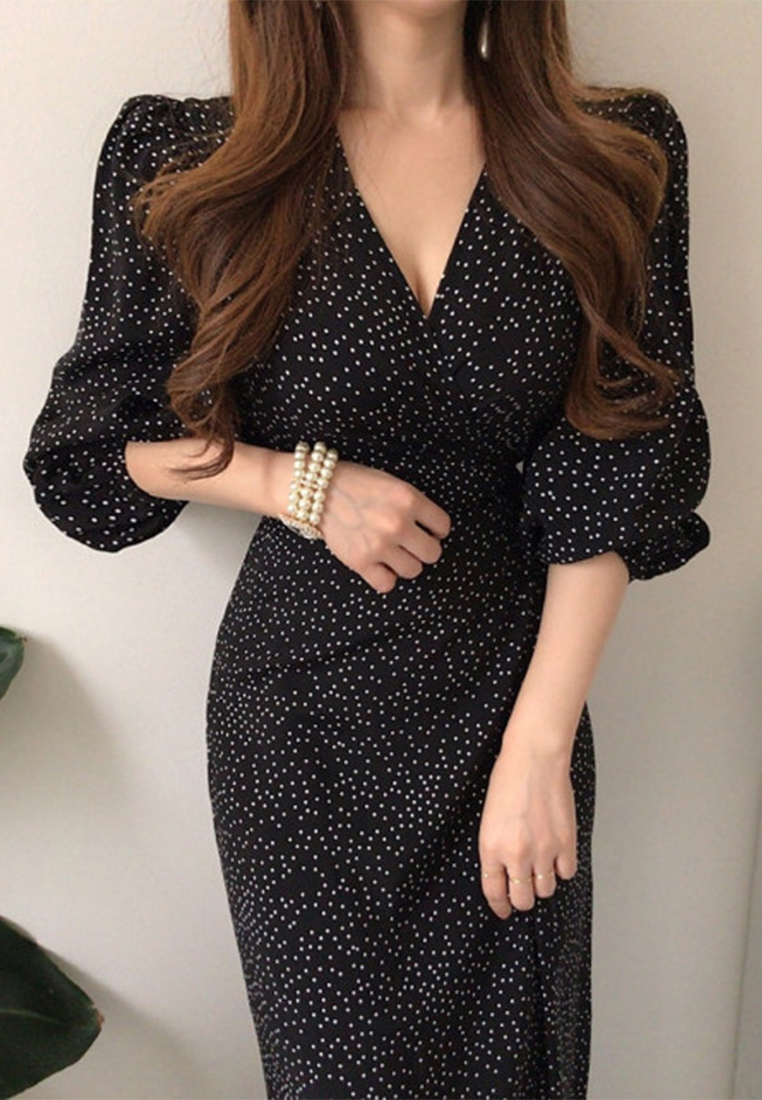 Elegant Strap Bubble Sleeve Long Dress CA25032710BK