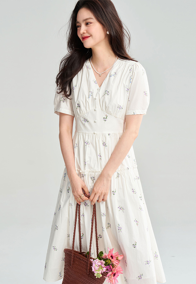 French white pure cotton printed V-neck short-sleeved floral dress CA25052910W