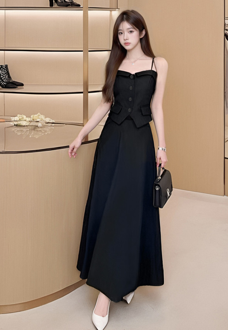 New waisted camisole top + high waisted mid-length skirt two-piece set CA25060310BK