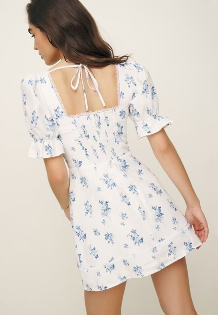 French Retro Resort Square Neck Linen Short Sleeve Dress CA25061710W