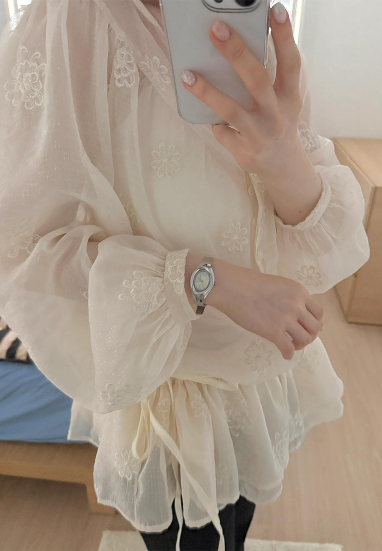 Early Fall Korean Chic Embroidered Lantern Sleeve Tie Shirt CA25090210BE