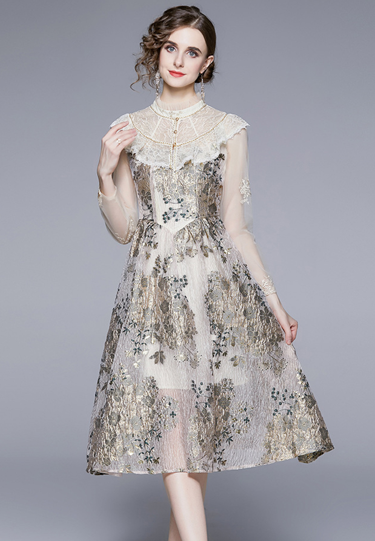 Elegant Long Sleeve Printed Lace Mesh Dress CA100510