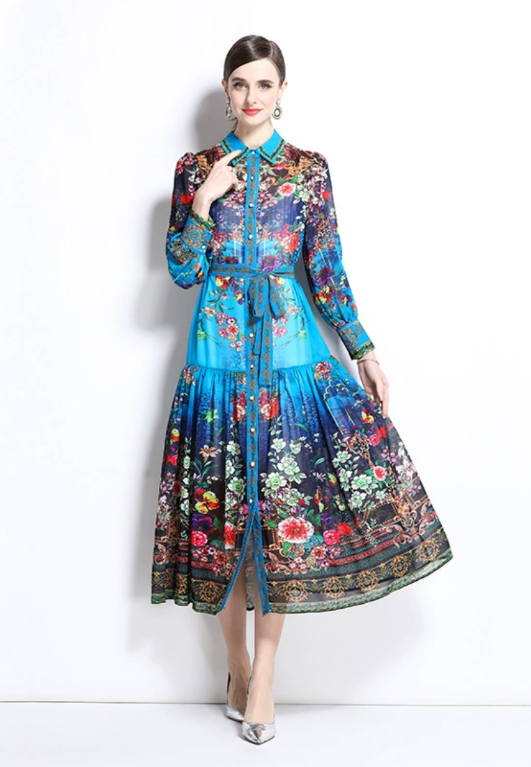 Vintage lantern sleeve printed dress CA25031210BL