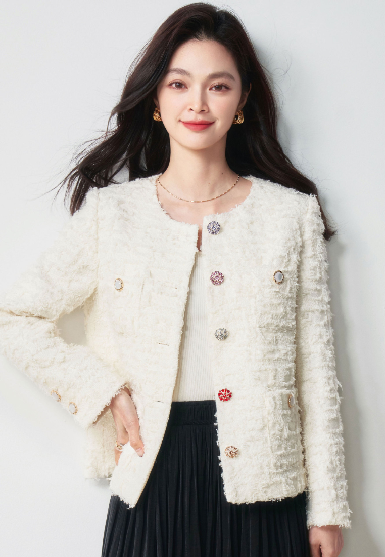 New French Style Tweed White Women Jacket K25112107