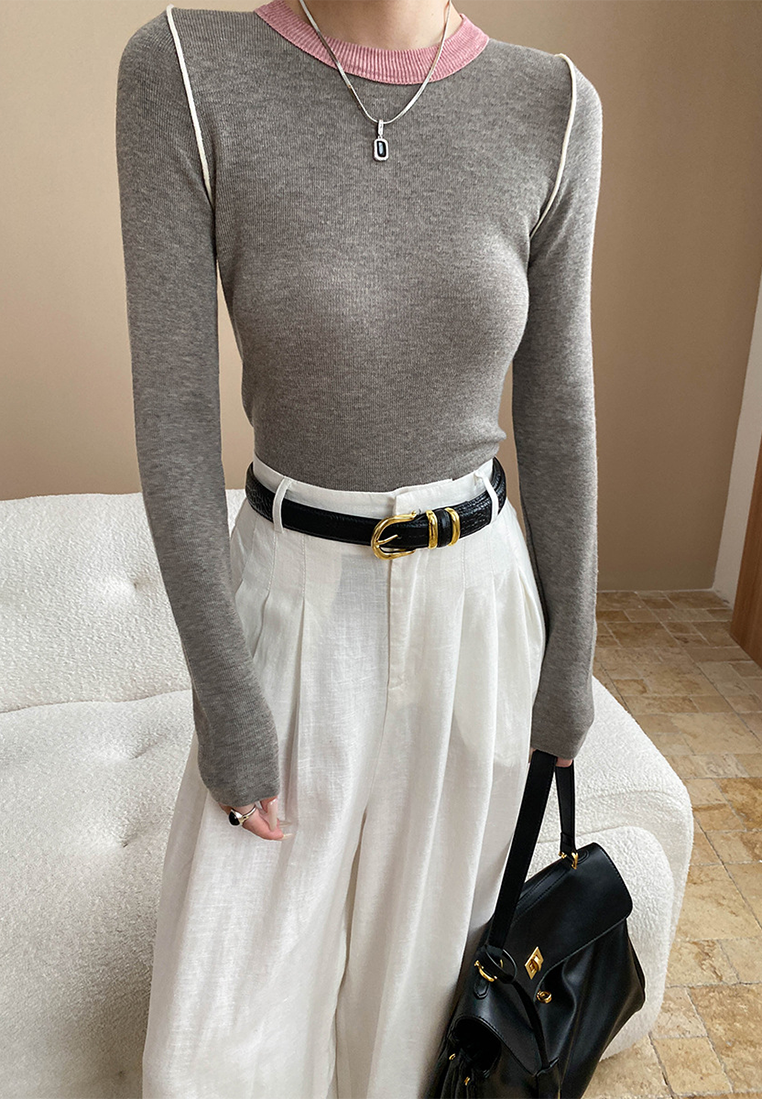 Autumn contrast color straight shoulder slim bottoming sweater CA25092510-1