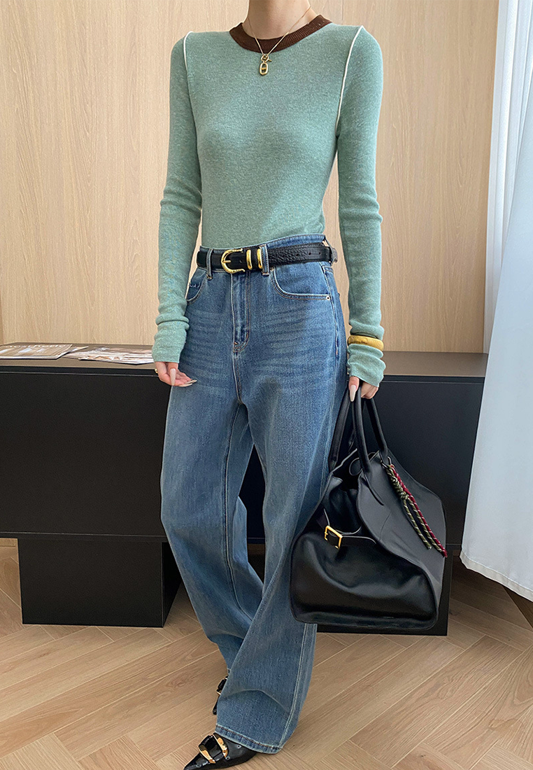 Autumn contrast color straight shoulder slim bottoming sweater CA25092510-1