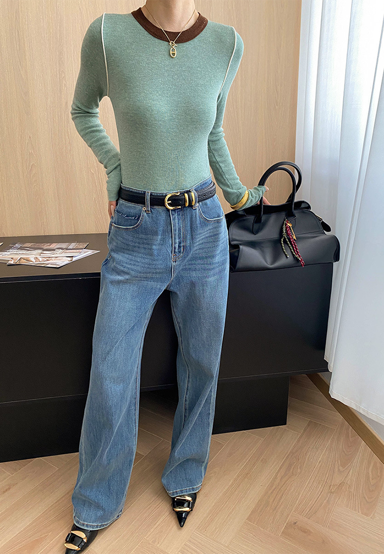 Autumn contrast color straight shoulder slim bottoming sweater CA25092510-1