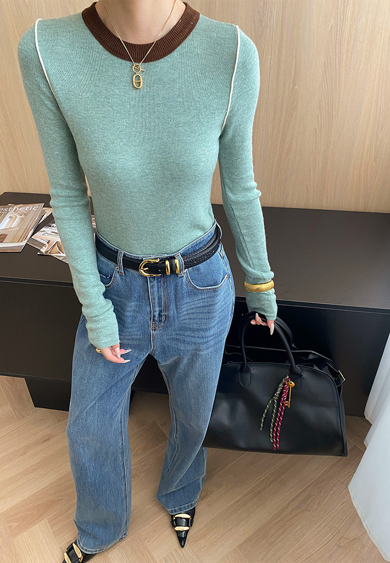 Autumn contrast color straight shoulder slim bottoming sweater CA25092510-1