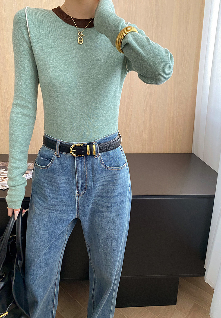 Autumn contrast color straight shoulder slim bottoming sweater CA25092510-1